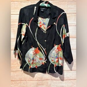 Citron Black Floral Women's Blouse 100% Silk